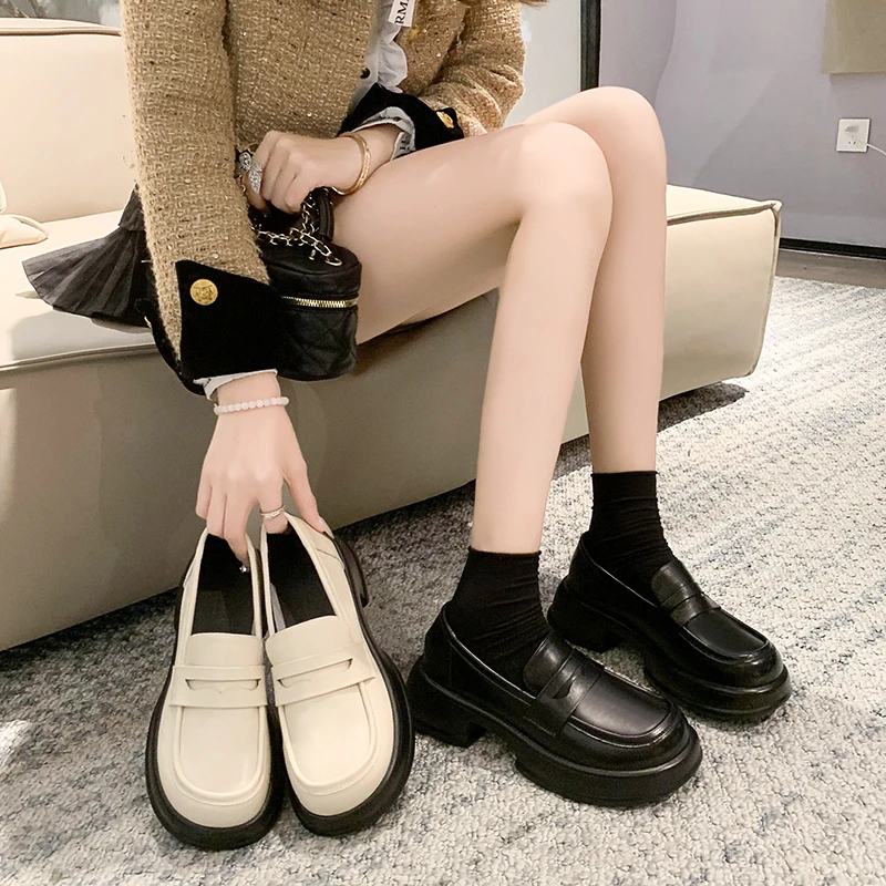 乐福鞋春秋百搭厚底黑色真皮时尚英伦复古圆头粗跟日系868上班族