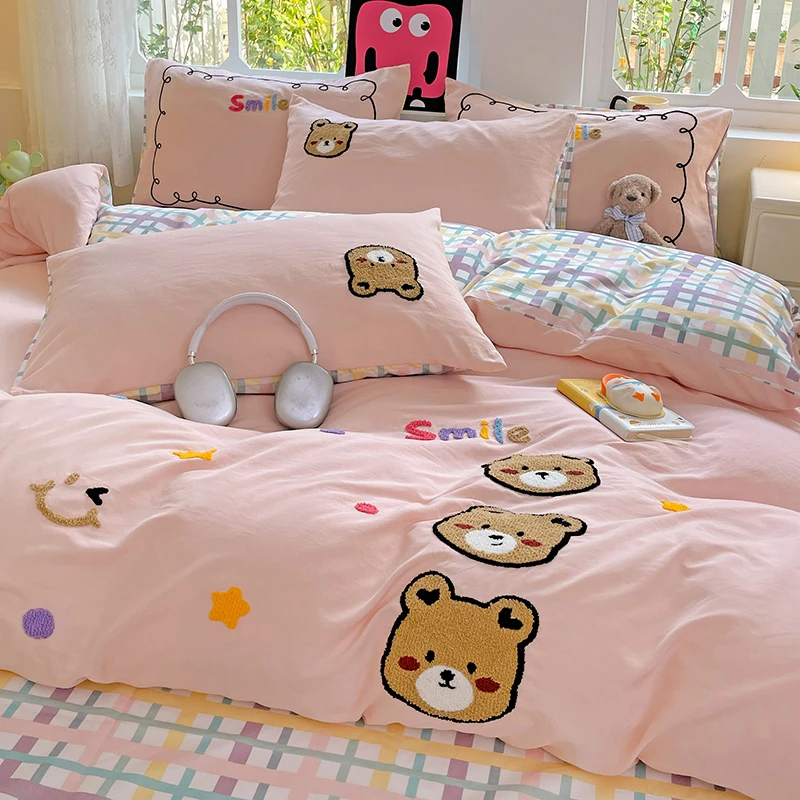 超软糯水洗棉绣花四件套亲肤公主风床上四件套可爱卡通四件套