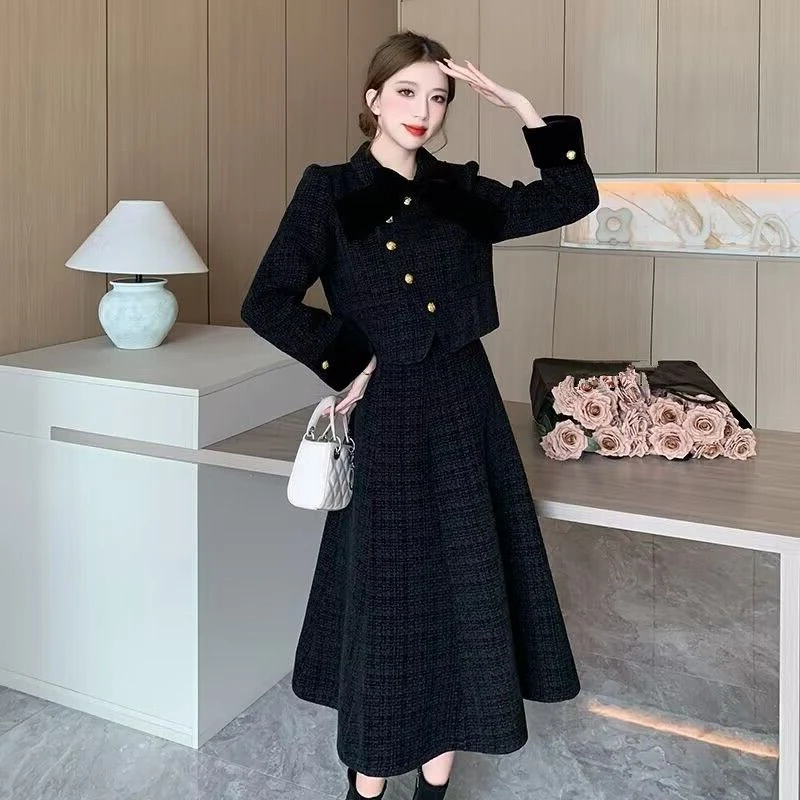 2023年冬季新款气质名媛高级感加棉加厚外套+半身裙两件套套装裙