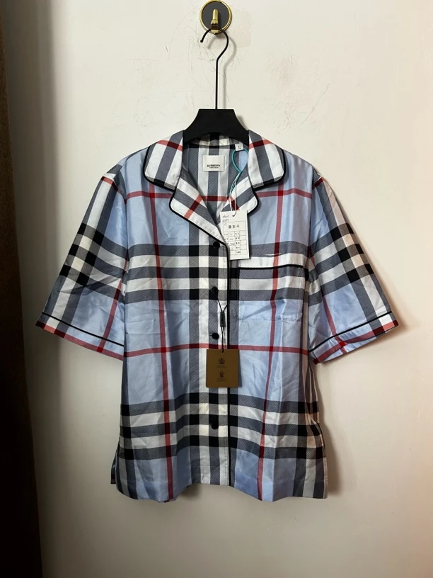Burberry蓝色格纹半袖衬衫99新