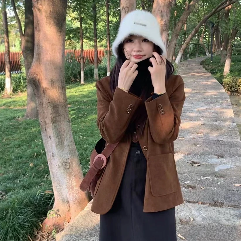 【雅丹】秋冬自制细条纹灯芯绒美拉德三粒扣复古西装休闲洋气外套