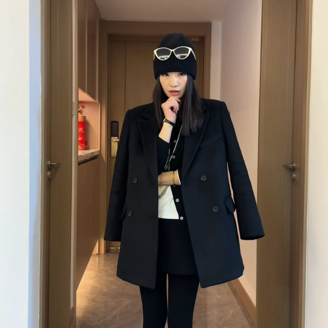 中长款女羊毛呢外套上衣设计师女装黑色网红冬季显瘦西装双排扣