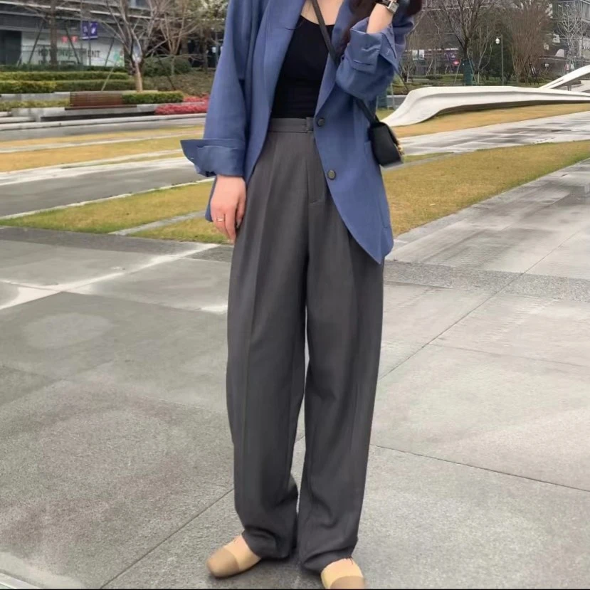 2023春季女高腰高级感灰色西装裤垂感宽松拖地长裤休闲直筒裤子