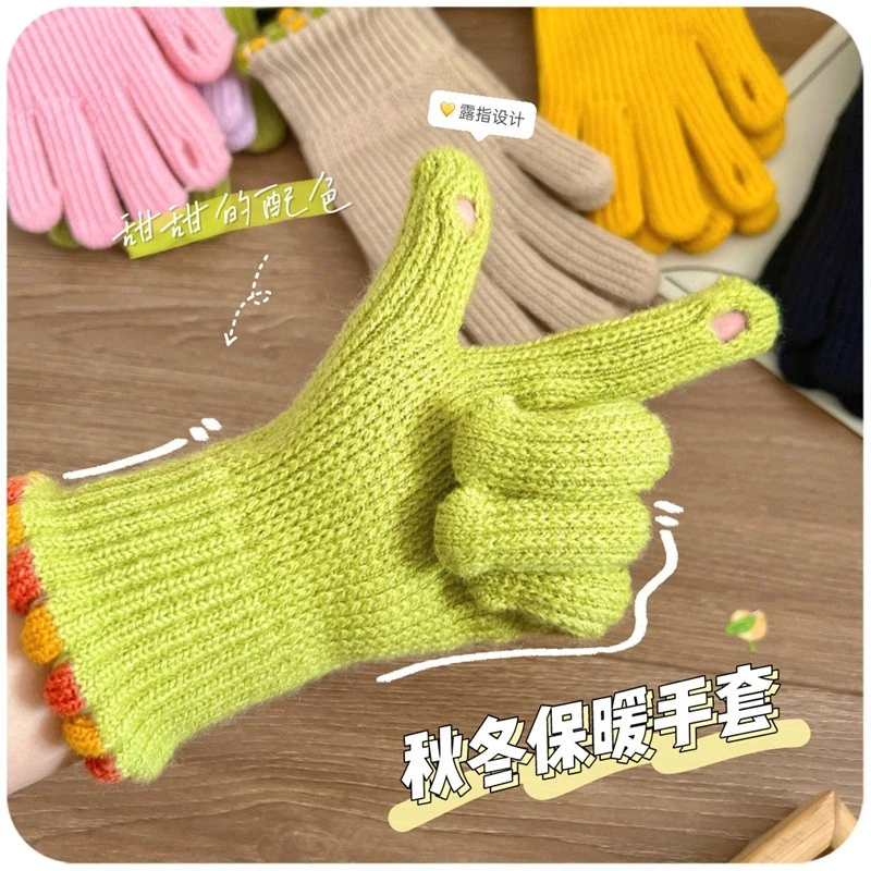 韩系ins小糖豆~可触屏露指毛线针织手套女士冬季保暖骑车可爱冬天