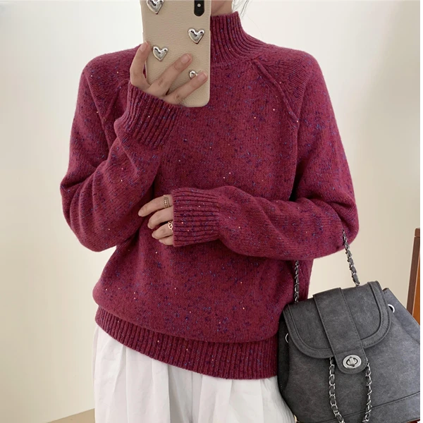 【敏洋纯】女士宽松针织长袖时尚亮片半高领P02928026