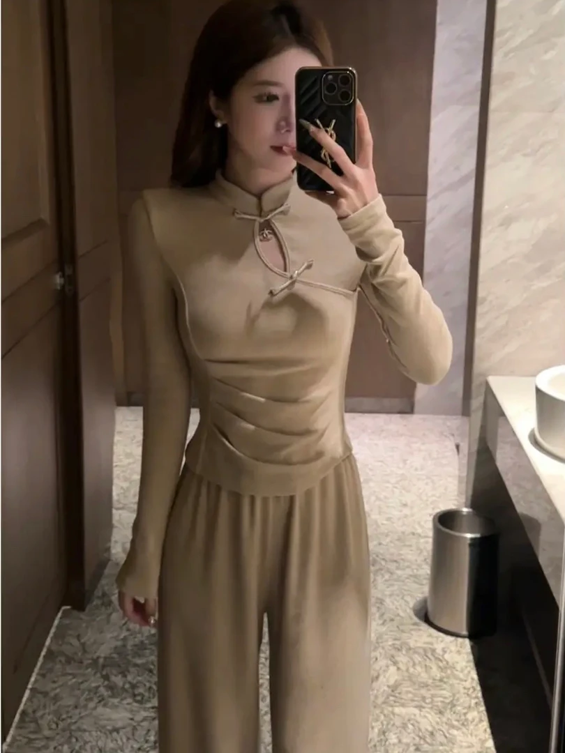 【优质正版】新款国风半高领新中式风盘扣设计气质修身百搭长袖套装