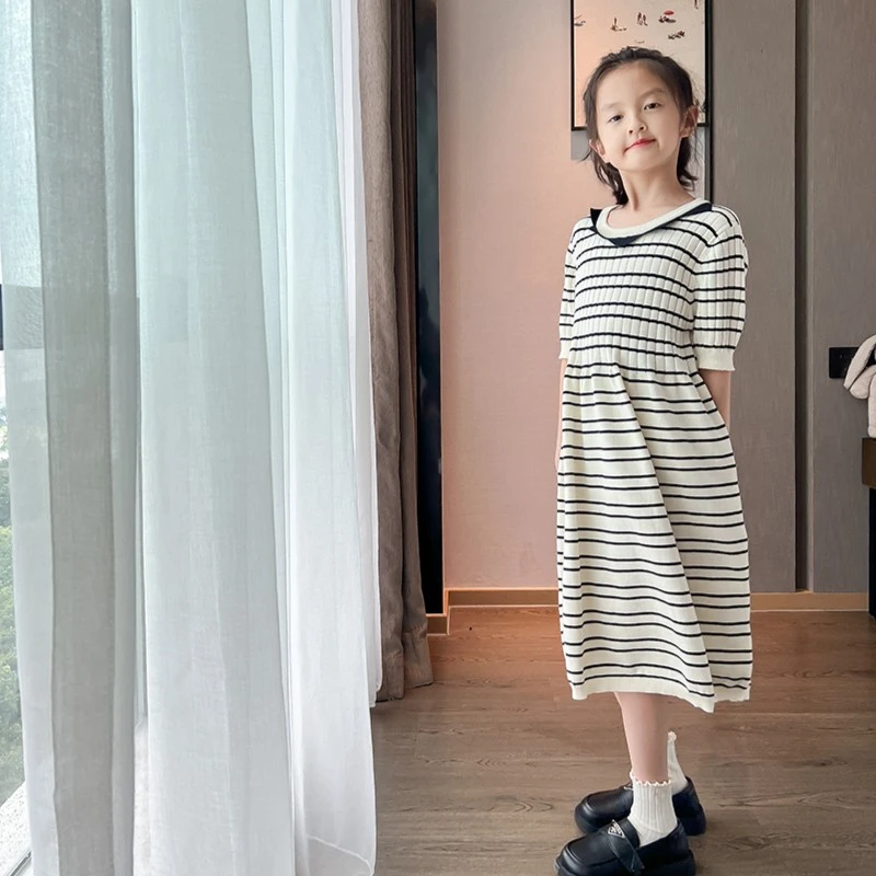 【小天鹅】西西家2023夏款女童韩版百搭条纹洋气针织连衣裙KD705