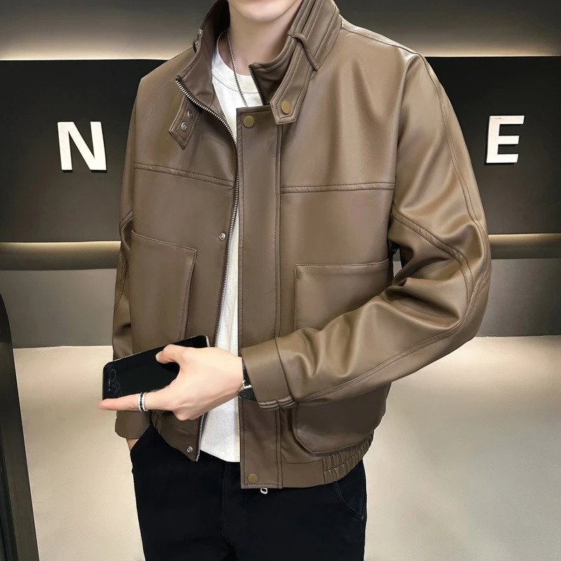 真皮感立领皮衣男潮牌痞帅机车皮夹克2023新款春秋季潮流休闲外套