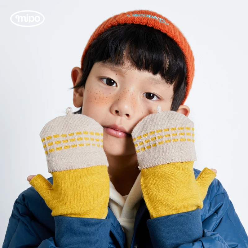 mipo儿童秋冬季翻盖半指针织手套保暖加绒防寒加厚暖手套中性休闲