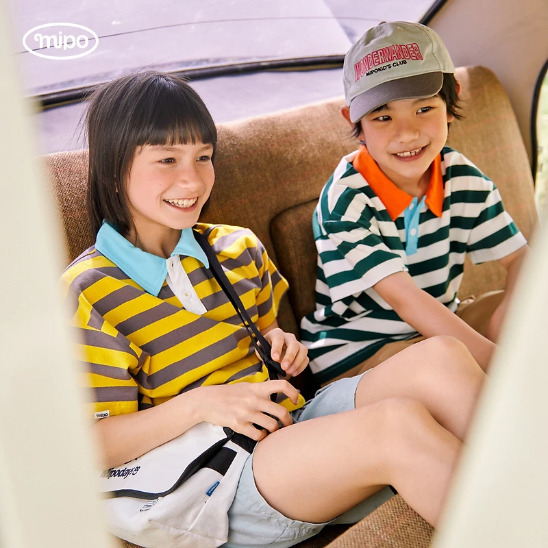 mipo儿童酷潮polo衫男女童洋气外出百搭休闲条纹短袖