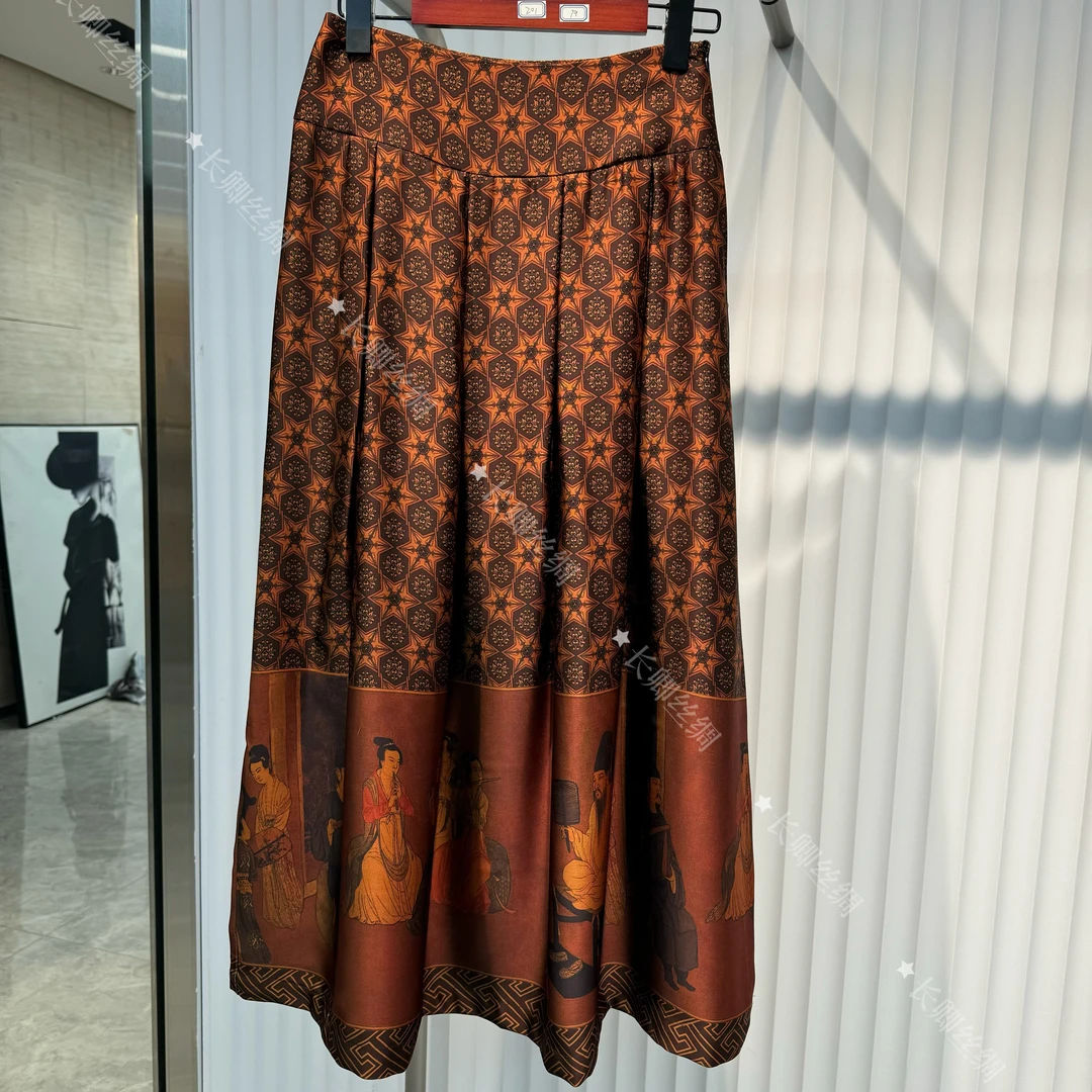 【长卿】新中式国风复古夜宴图真丝半身裙FY4111101