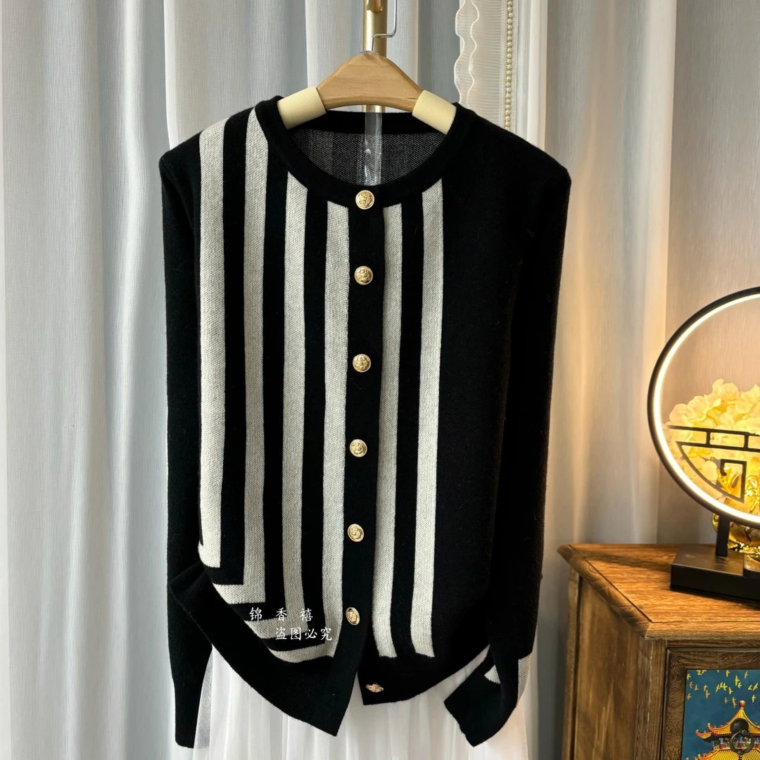 【V076-1玛莎条纹】潮流显瘦气质针织衫开衫毛衣外套