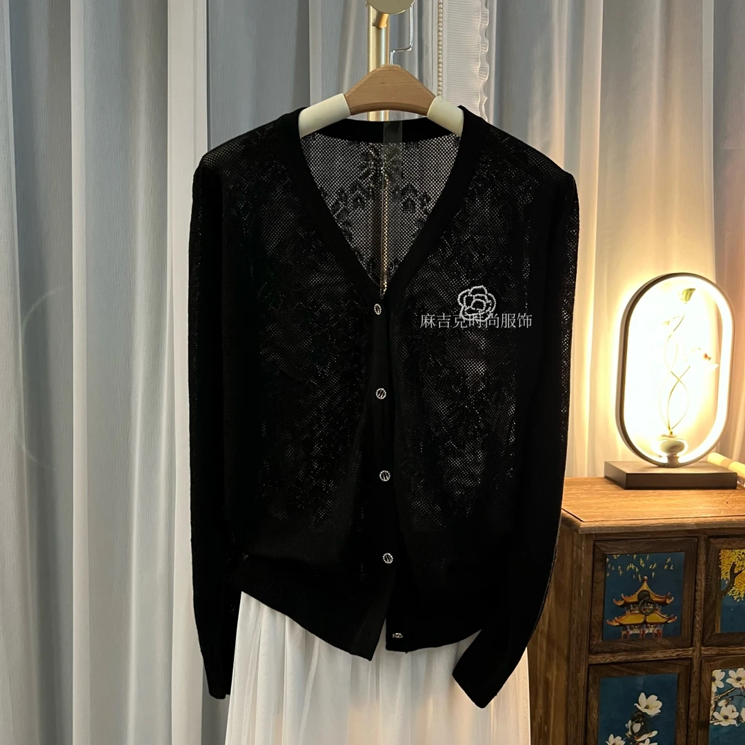 【法式钩花A511黑色】优雅气质纯色镂空钩花V领重工针织开衫上衣女