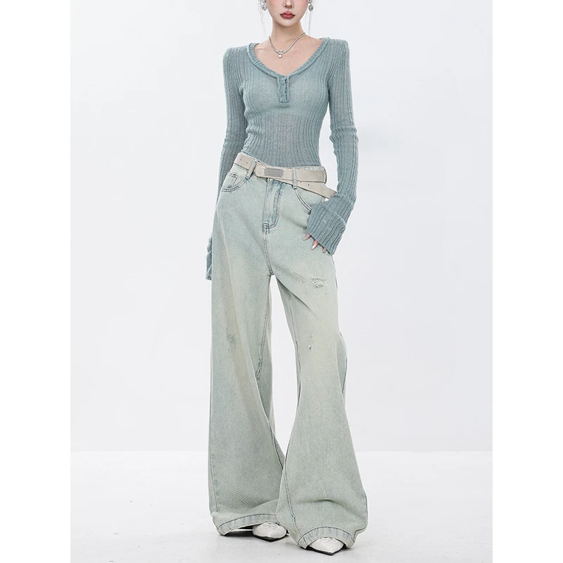 ABWEAR 原创2024春季新款美式复古水洗宽松直筒裤百搭显瘦牛仔裤