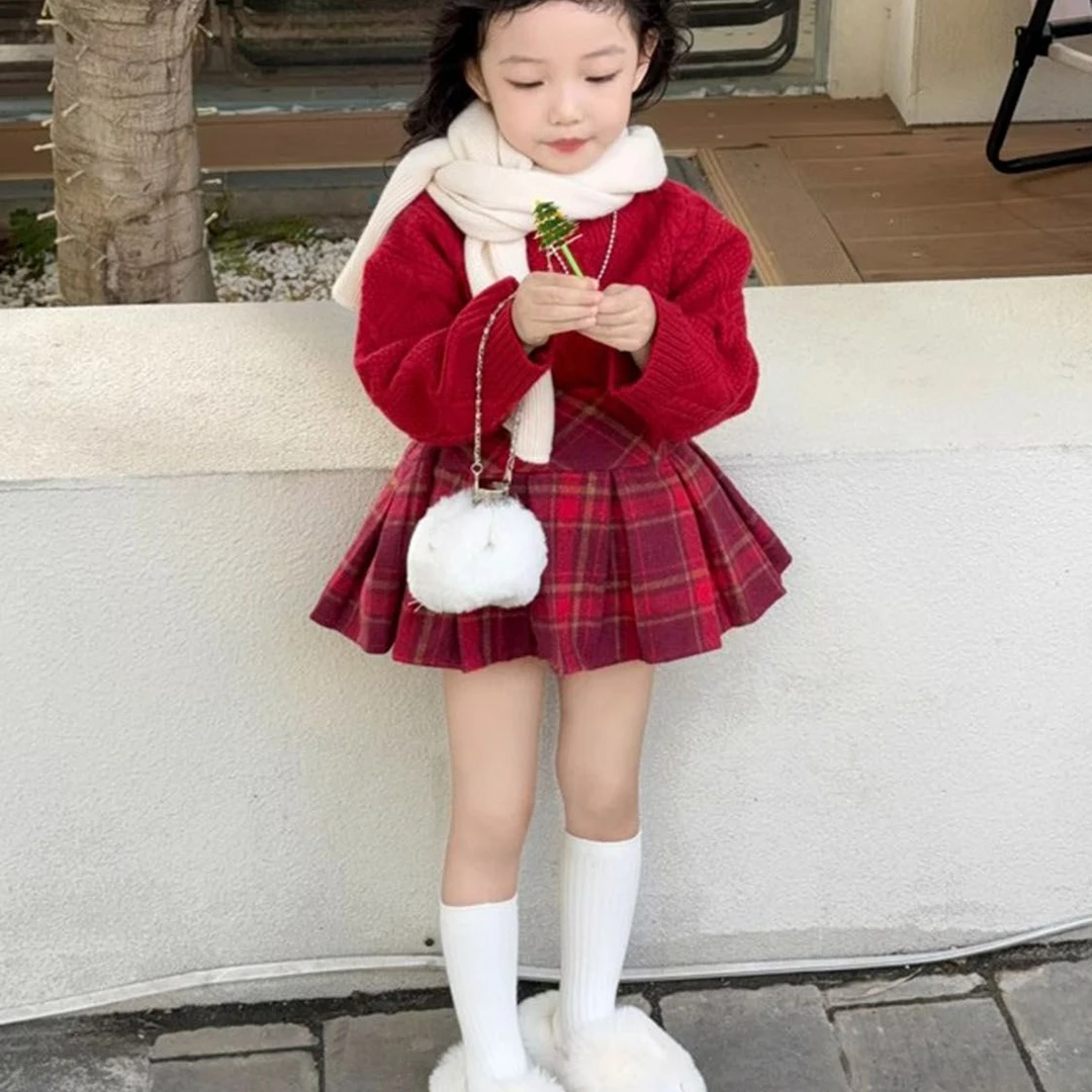 韩版女童2023秋冬新款圣诞新年红色针织毛衣女宝宝洋气上衣百褶裙