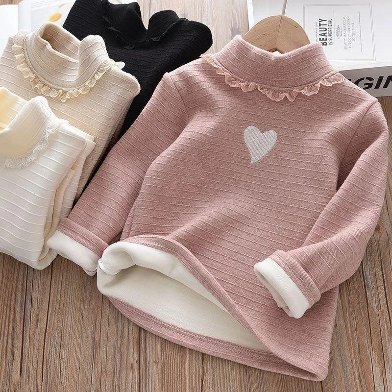 冬装儿童针织衫花边高领长袖T恤女童加绒打底衫女孩加厚保暖上衣
