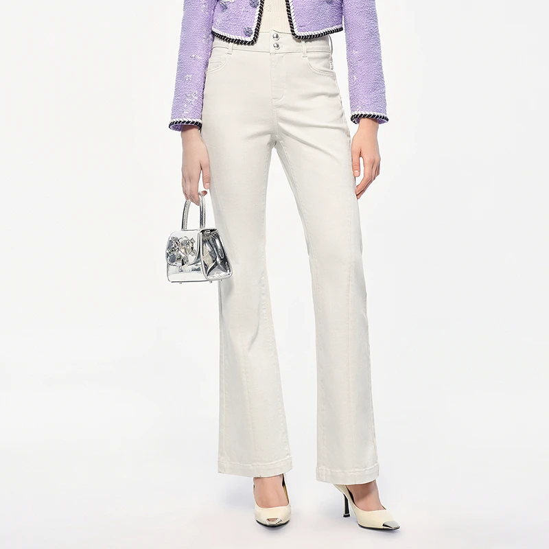COLOVE米白色微喇牛仔裤女新款长裤343T028