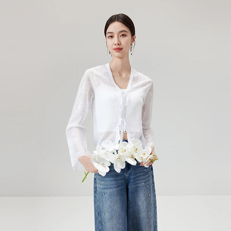 芭蒂娜国风暗纹提花针织开衫秋v领氧气感薄纱罩衫外套643P104