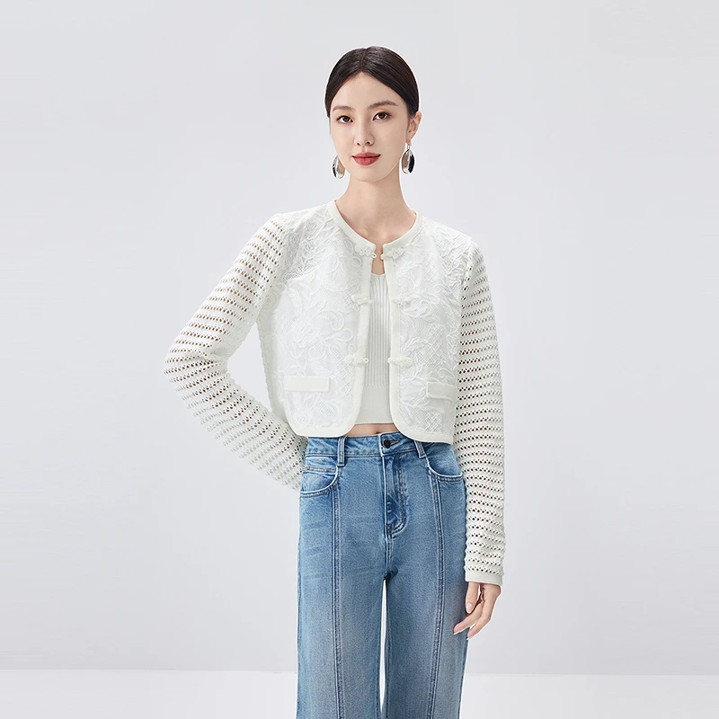 芭蒂娜新中式盘扣短外套秋季气质蕾丝镂空上衣643E018