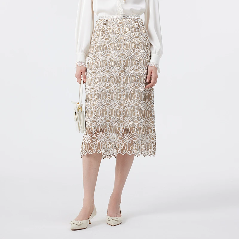 芭蒂娜重工蕾丝镂空半身裙轻奢a字裙141S162下架
