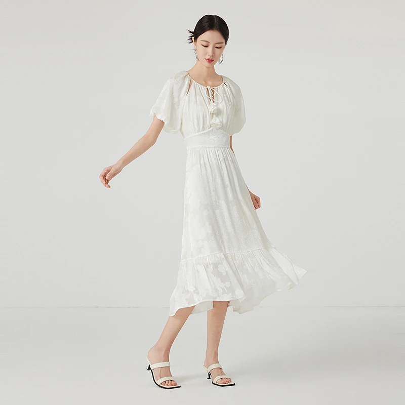 芭蒂娜100桑蚕丝提花连衣裙女抽绳设计感泡泡袖中长裙641U007