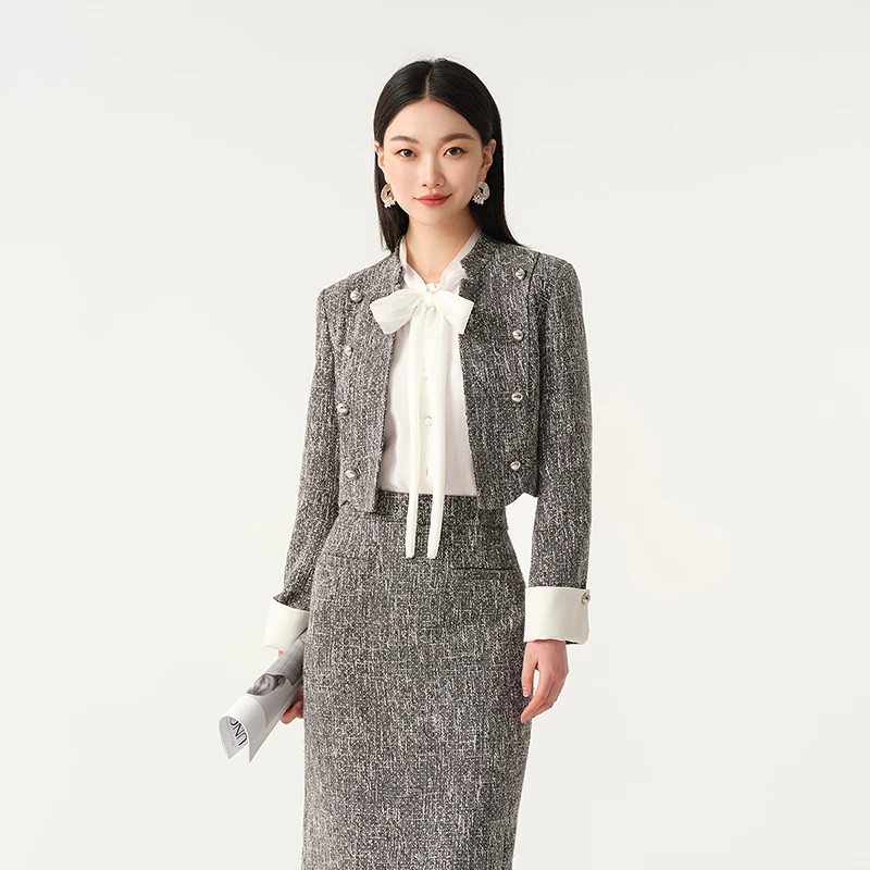 【商场同款】芭蒂娜小香风西装短外套撞色春秋烫银暗闪上衣143E036