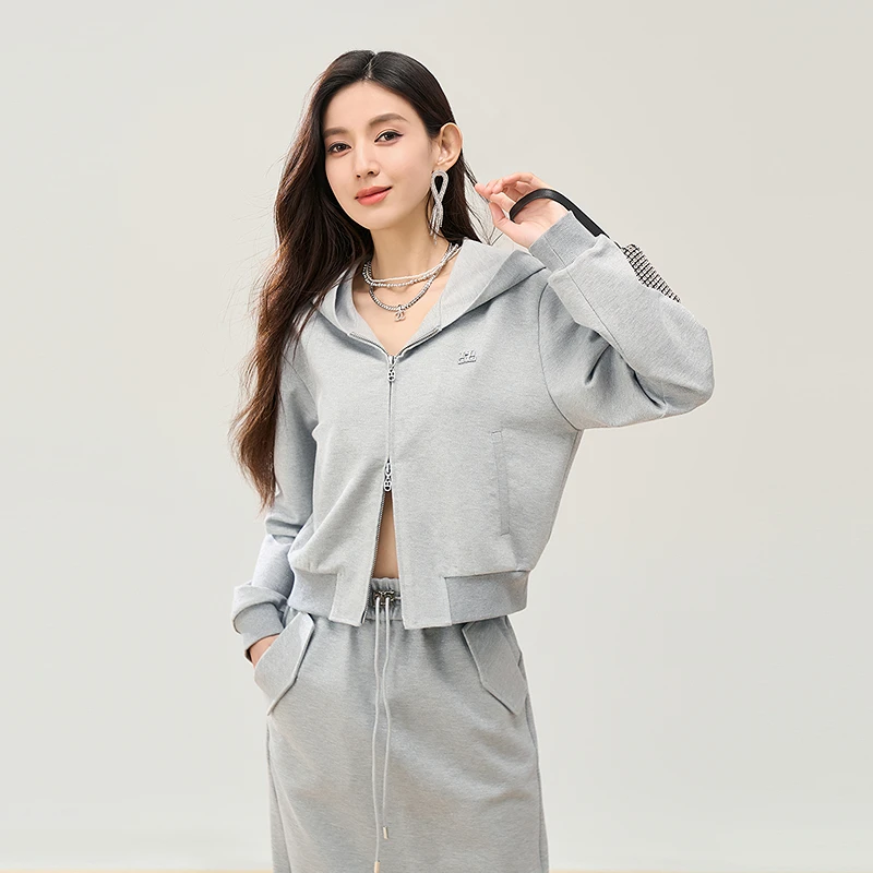 COLOVE灰色银丝休闲运动卫衣秋短款连帽外套双拉链上衣女843P004