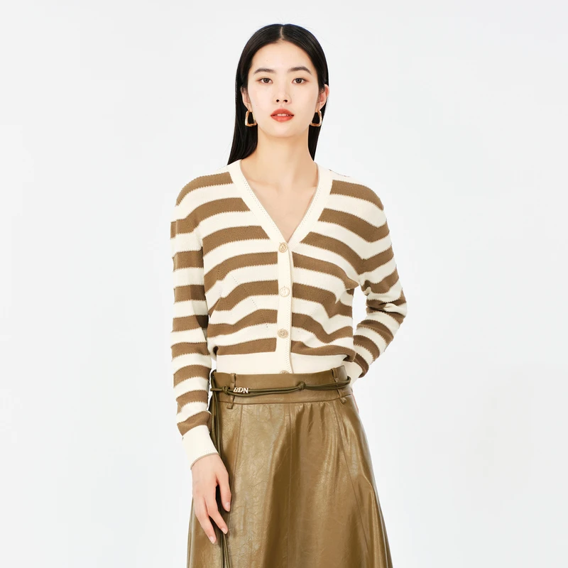 芭蒂娜绵羊毛条纹开衫针织衫长袖上衣高级感外搭薄外套133F054