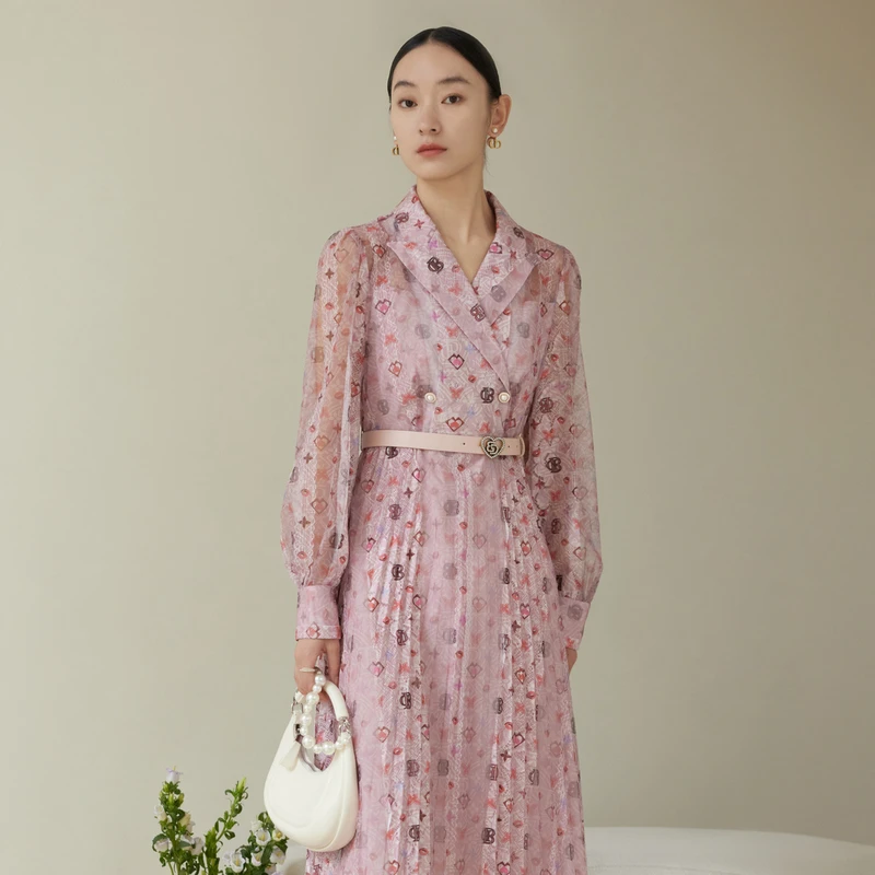 芭蒂娜粉色复古印花衬衫连衣裙秋季通勤收腰长裙伞裙631U244