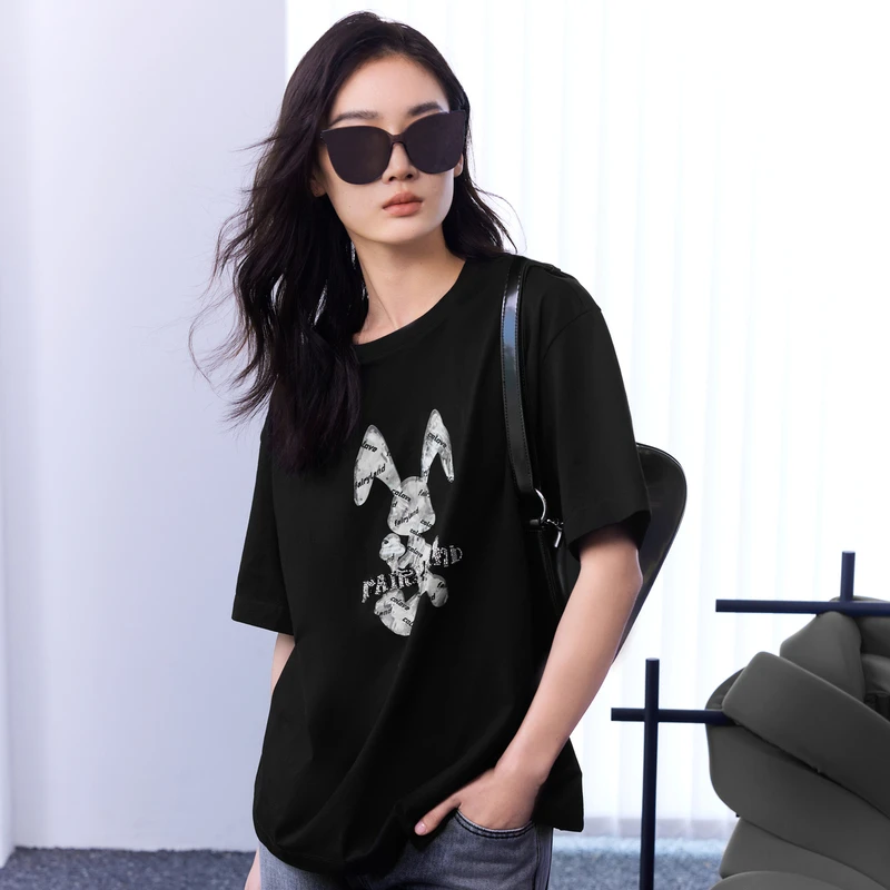 COLOVE/卡拉佛COLOVE黑色T恤女夏季兔子上衣832R024