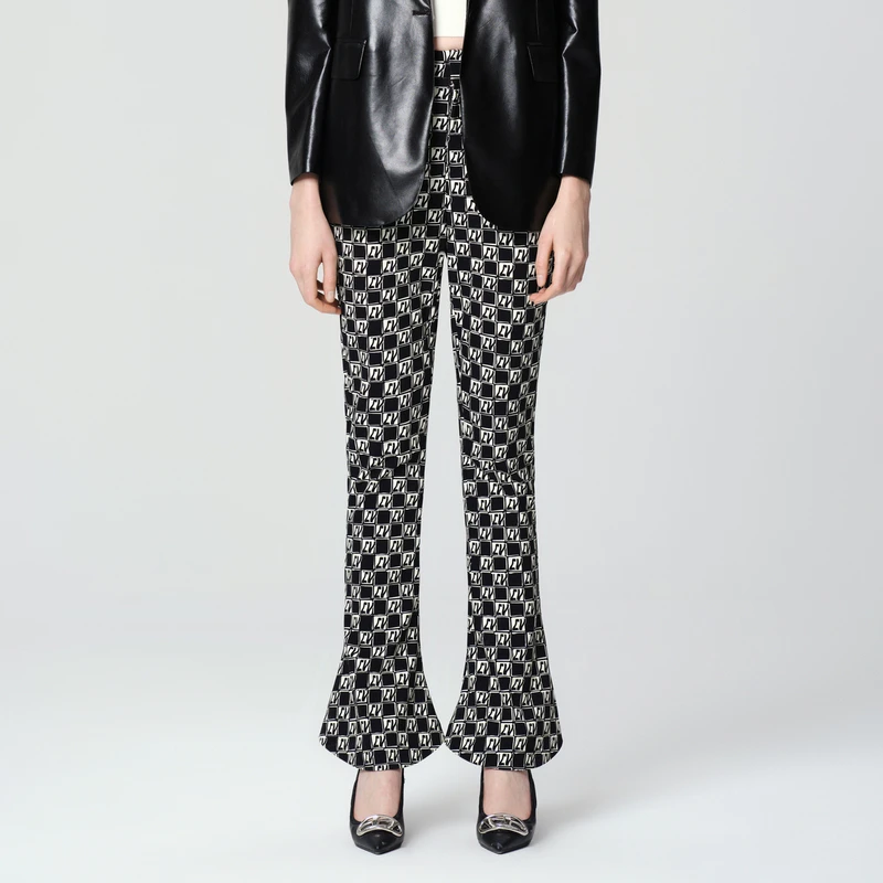 卡拉佛黑白格休闲裤春装新款时尚洋气设计感微喇裤233T055