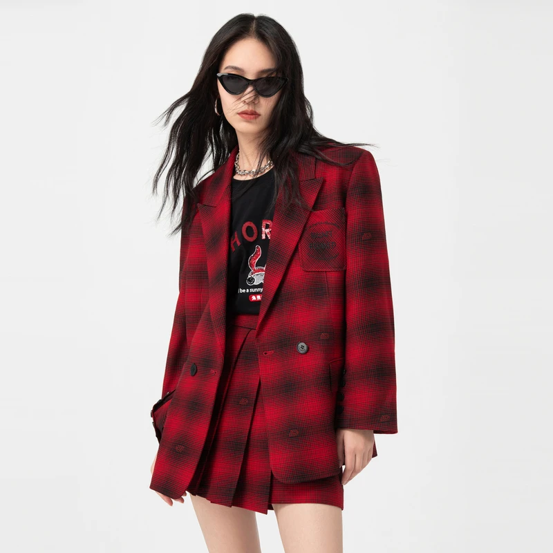 COLOVE红色格纹一粒扣西装女秋冬西服外套231D044下架