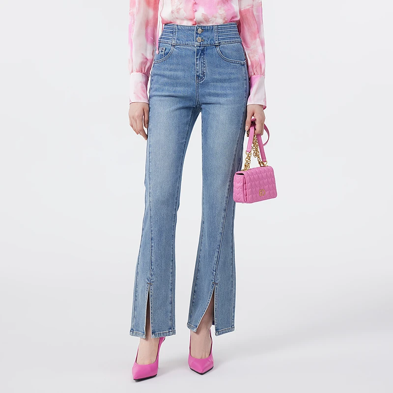 【商场同款】芭蒂娜高腰牛仔裤女开叉棉质秋冬微喇显瘦裤子141T200