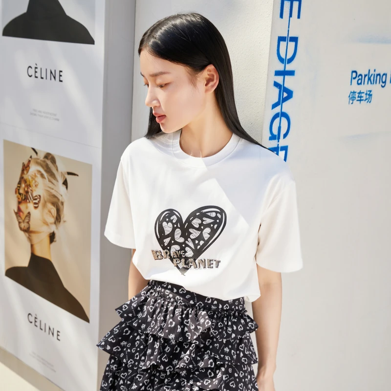 COLOVE夏季高级爱心印花短袖T恤女821R162