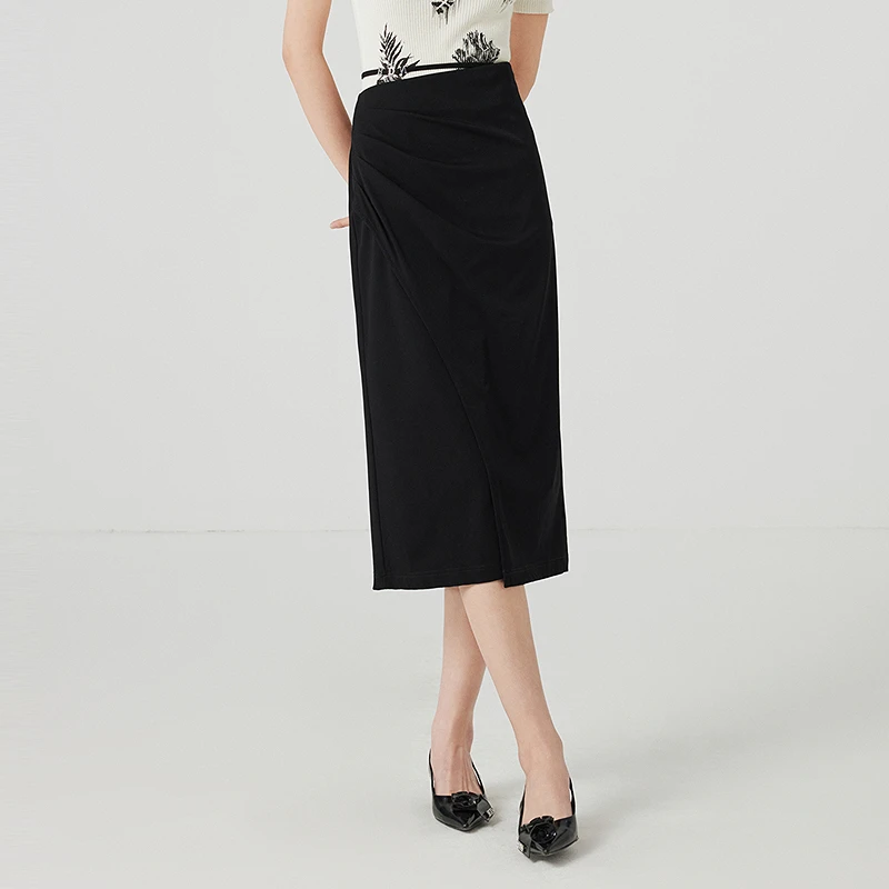 芭蒂娜黑色开叉优雅a字半身裙秋冬通勤气质中长裙显瘦641S074