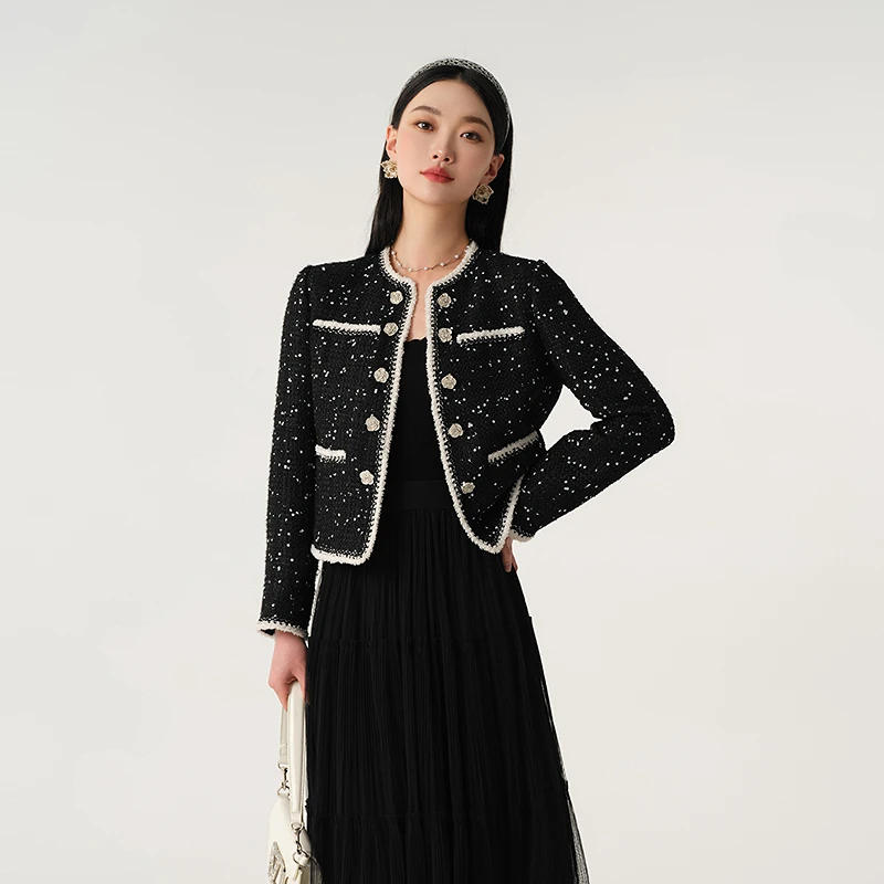 【商场同款】芭蒂娜小香风短外套女春秋季撞色花朵亮片上衣143E002