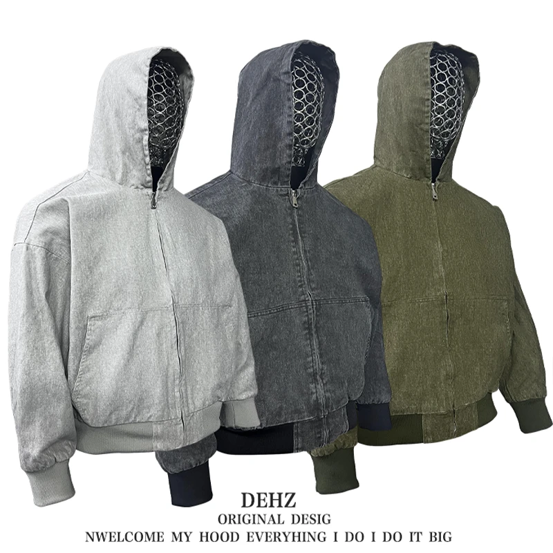 DEHZ秋季新款cleanfit短宽复古水洗夹克男重磅做旧纯棉连帽外套女