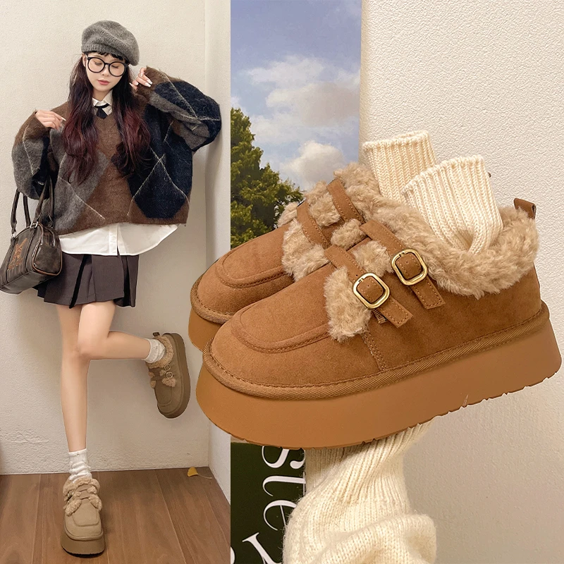 厚底低帮雪地靴女款冬季加绒棉鞋2023新款一脚蹬豆豆鞋松糕勃肯鞋