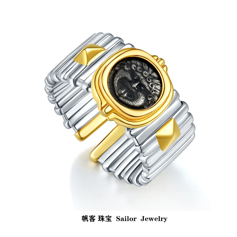 925银戒指 美杜莎古币宽版开口戒指