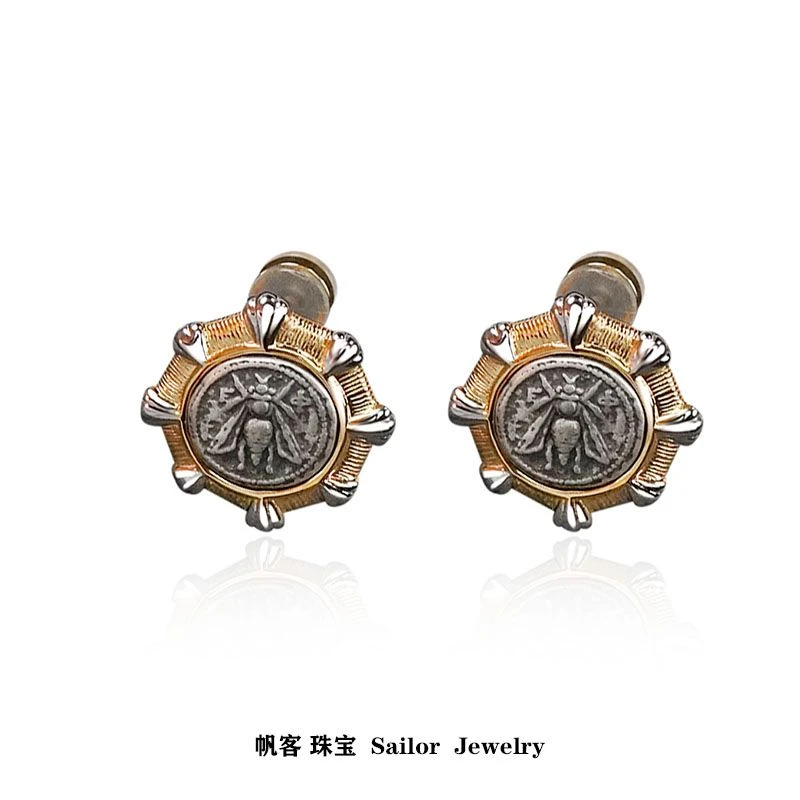 925银合成锆石耳饰 S925纯银蜜蜂古币耳钉轻奢小饰品银饰耳环