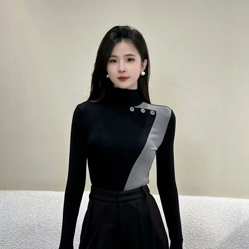 JUDING/聚町【雅典女郎】气质拼接长袖T恤女加绒加厚打底衫上衣9736