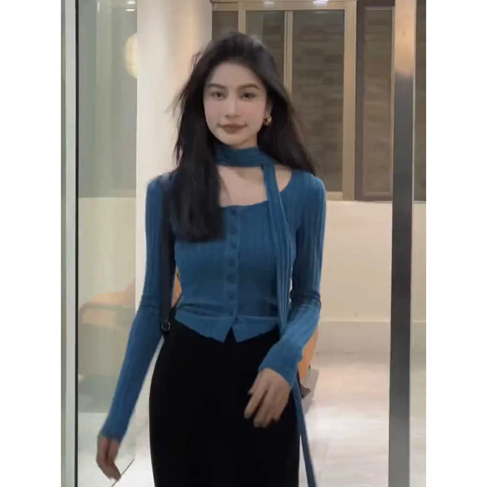 秋季穿搭高级感长袖针织衫女装新款气质修身内搭短款洋气独特上衣