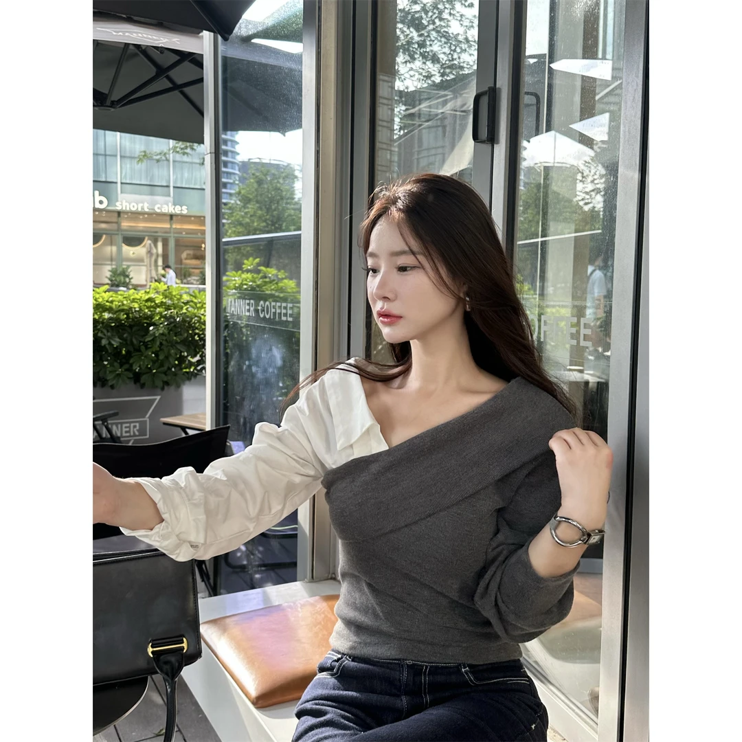 2024早秋新款女撞肩拼接泡泡袖衬衫东大门拼接翻领气质衬衫