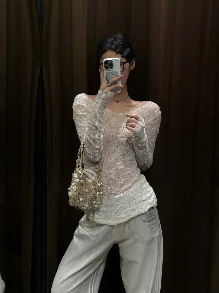 法式白色闪闪长袖蕾丝衫女春秋修身显瘦内搭小众外搭镂空罩衫上衣