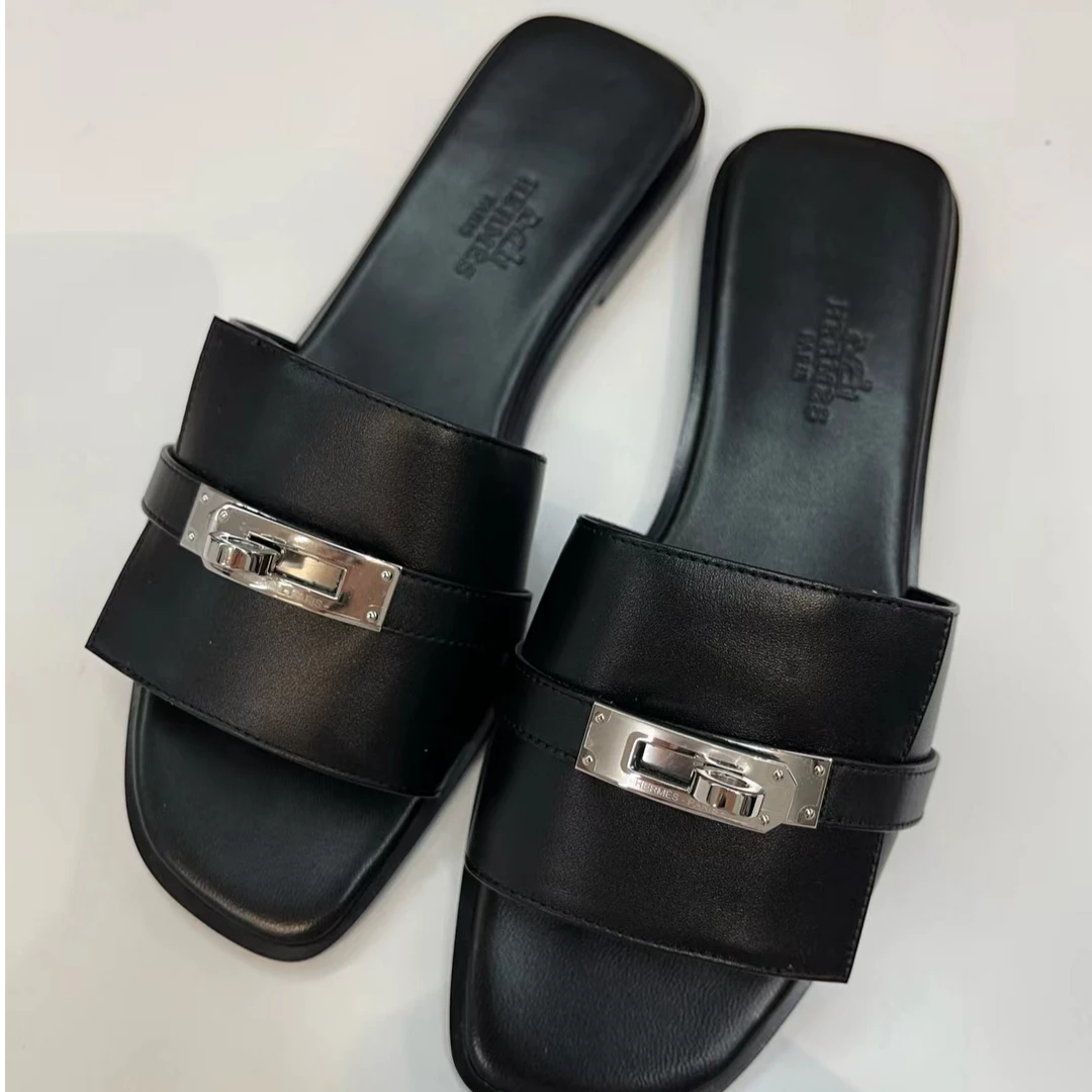 99新 Hermes/爱马仕 黑色真皮kelly拖鞋/35码