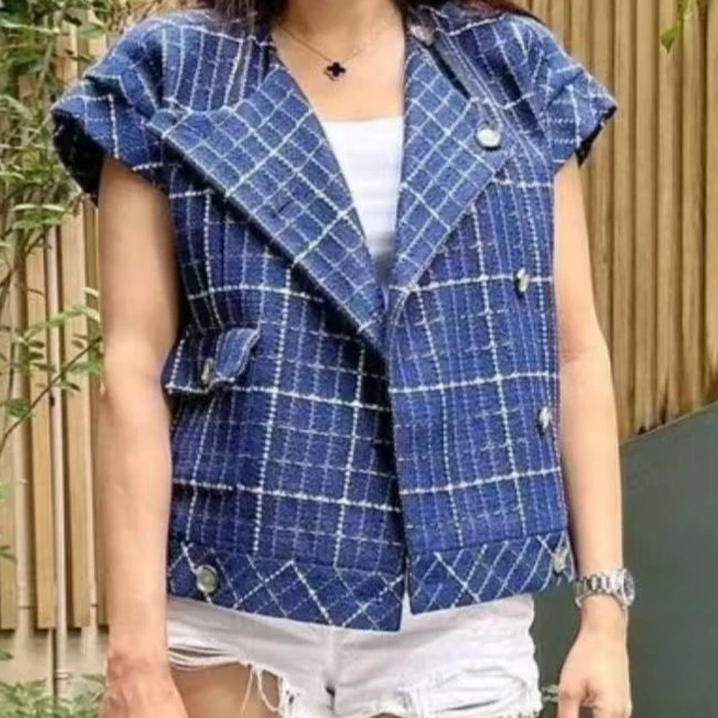 95新 Chanel/香奈儿 廓形蓝色粗花呢格纹马甲/F38/编号739