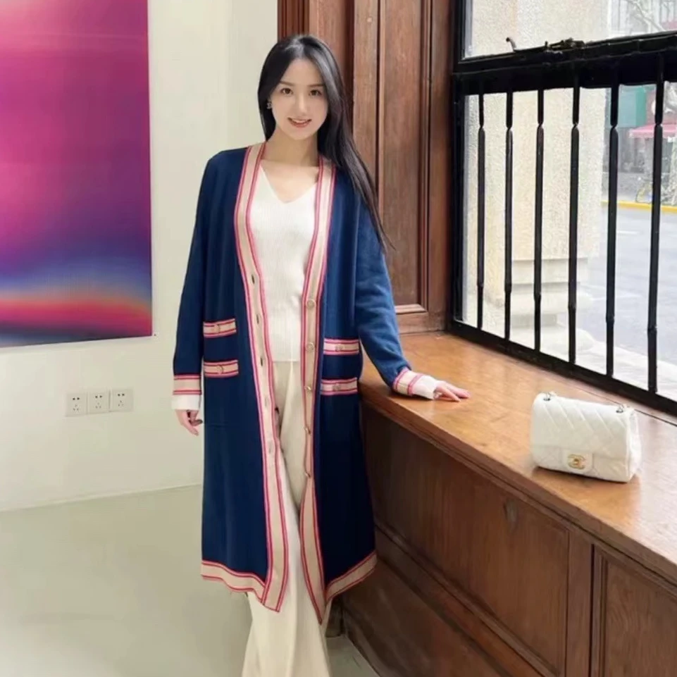 95新 Chanel/香奈儿 粉蓝拼色长款羊绒开衫/36码/编号138