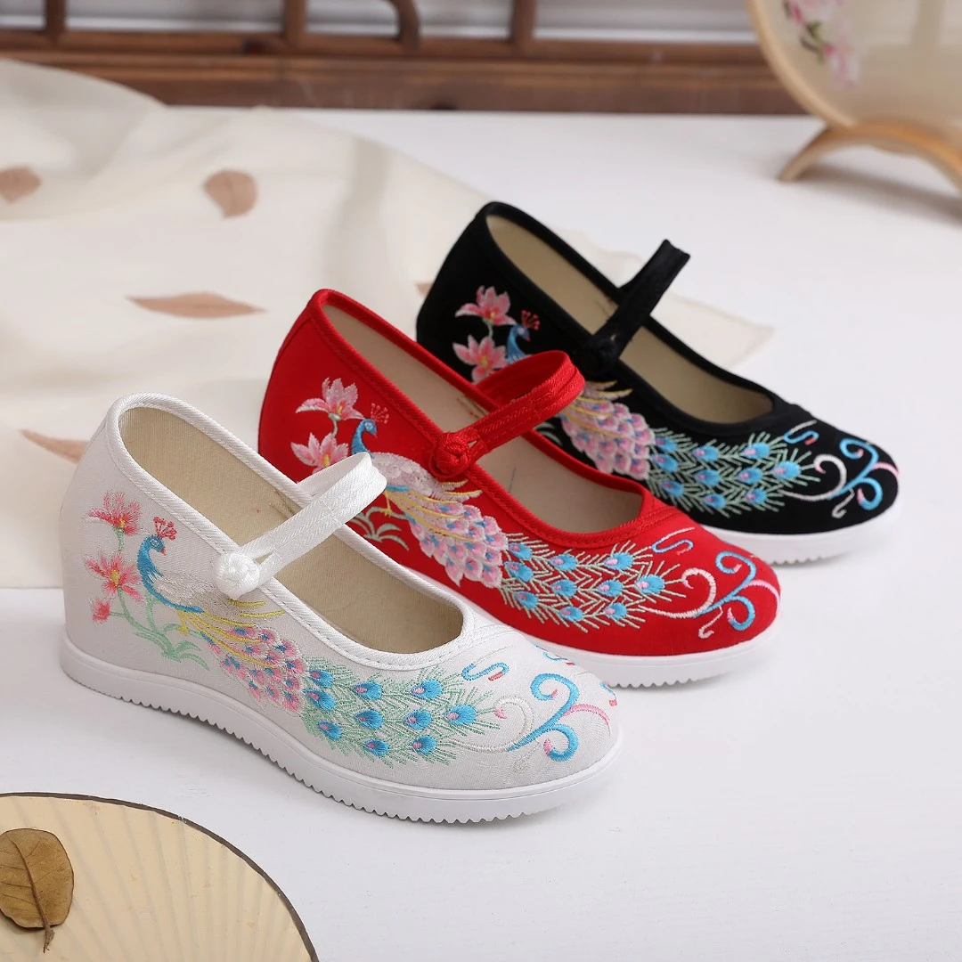 [雀如意】民族风绣花鞋女古风内增高汉服鞋坡跟女单鞋软底旗袍鞋