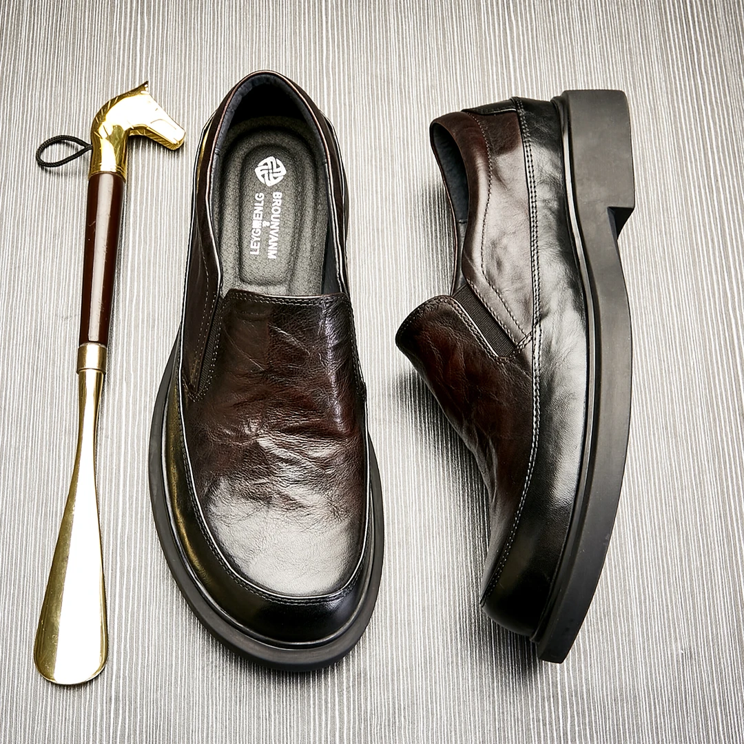Brounvanm男士简约皮鞋套脚百搭一脚蹬商务休闲皮鞋时尚透气D6116