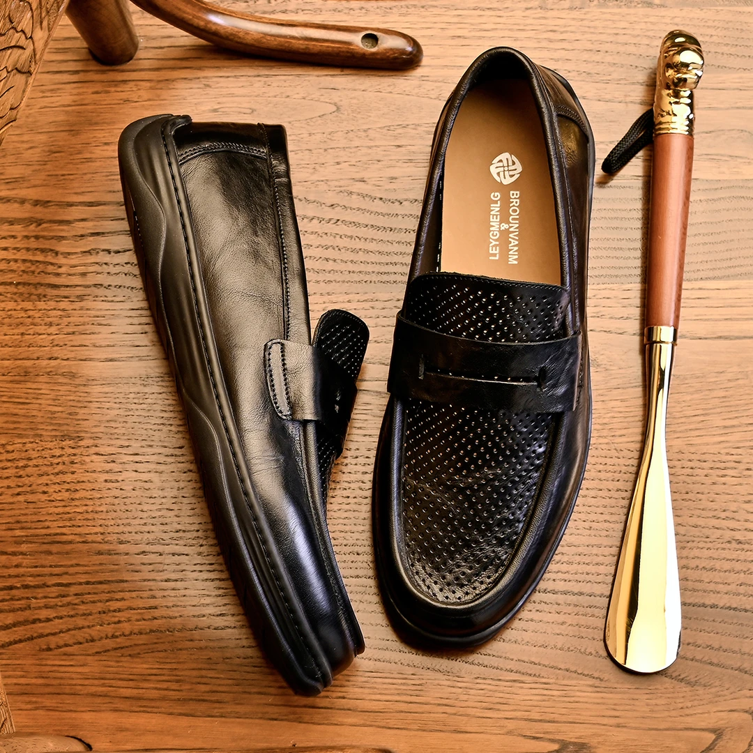 Brounvanm休闲男皮鞋男士时尚镂空一脚蹬皮鞋英伦风软底皮鞋D6200